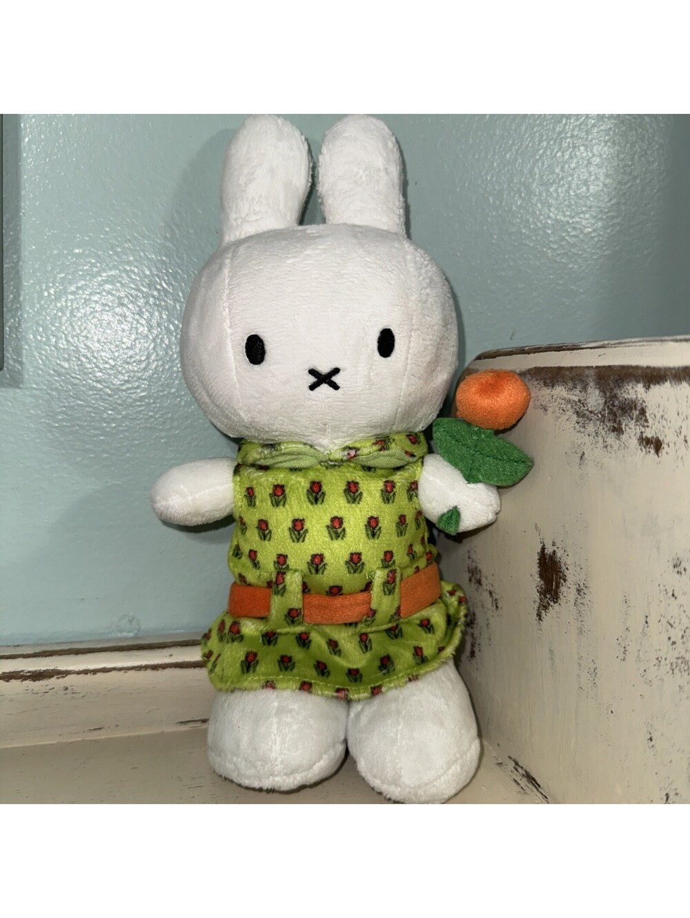 Nijntje Miffy Plush White Bunny Green Floral Dress Stuffed Animal 9.5“ Retro
